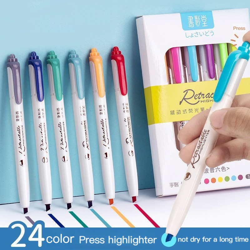 Highlighter Set Pastel - 6 สี Push ปุ่มปากกาเน้นข้อความ Multicolor Kawaii