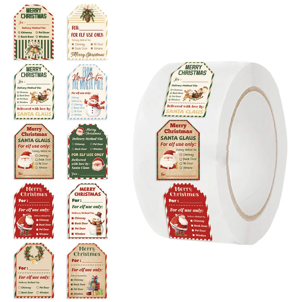 Label Printer Tape - สติ๊กเกอร์คริสต์มาส 500 ชิ้นแบบม้วน, ป้ายส่งของซานต้าเอลฟ์, เทปกาววินเทจกันน้ำ, ป้ายสังเคราะห์สำหรับห่อของขวัญคริสต์มาส
