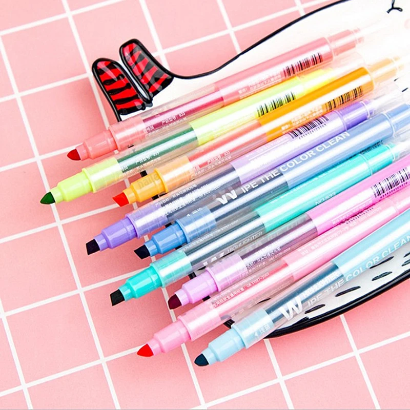 Highlighter Set Pastel - ปากกาเน้นข้อความแบบลบได้ 10 สี ปากกาสองหัว สีพาสเทล ปากกาเรืองแสง