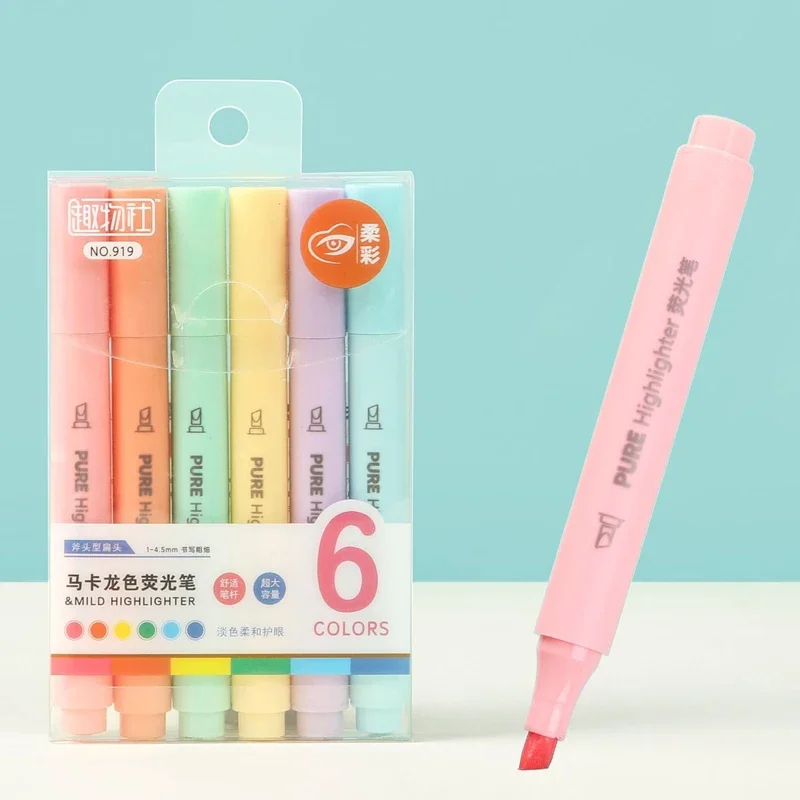 Highlighter Set Pastel - ปากกาไฮไลท์เตอร์สีพาสเทลแบบมาการอง 6 ชิ้น/ชุด ปากกาเน้นข้อความ ปากกาฟลูออเรสเซนต์ ปากกาสำหรับวาดภาพ